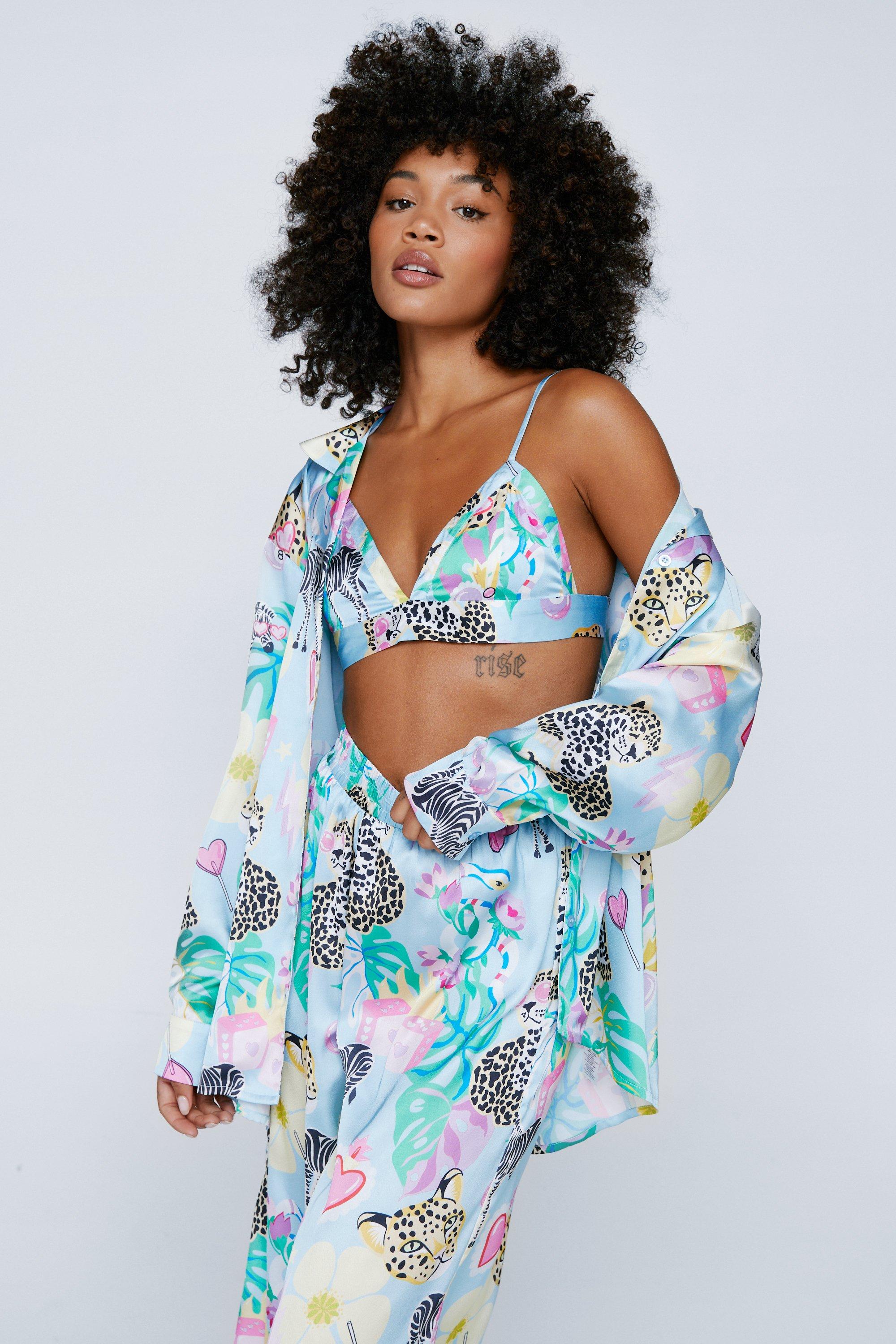 Satin Mixed Animal Floral 3pc Pajama Pants Set Nasty Gal